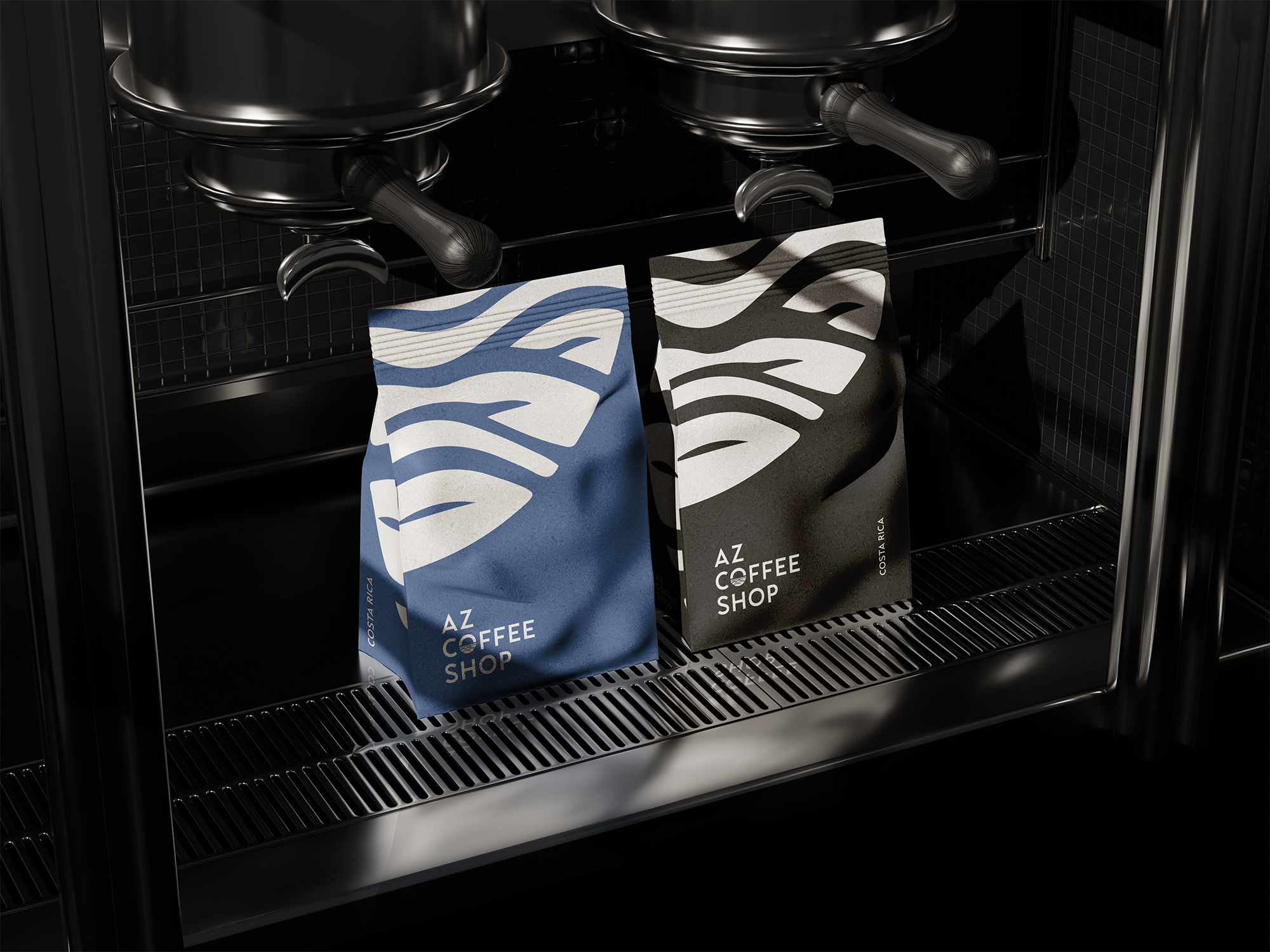 Two bags of coffee on an a professional espressor.